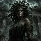 Medusa, figura della mitologia greca, con capelli di serpenti e sguardo che pietrifica, domina rovine antiche sotto un cielo tempestoso.