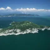 Isola verdeggiante con scogliere bianche, mare blu intenso e nuvole bianche. Si intravede la **grotta dei colombi** tra le rocce.