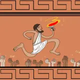 Il mito di Prometeo e il fuoco: un uomo corre con una torcia accesa, acclamato da mani che applaudono.