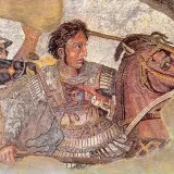 Mosaico raffigurante Alessandro Magno a cavallo, un'icona della Macedonia ai tempi di Alessandro Magno, in battaglia.