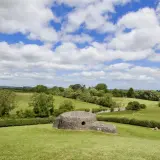 Antica struttura in pietra, forse un sito archeologico di Bru na Boinne, immersa in un paesaggio verdeggiante sotto un cielo azzurro con nuvole bianche.