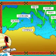 Mappa dei viaggi di Ulisse: da Troia, passando per l'isola dei Feaci, fino a Itaca, con tappe da Circe, Ciclopi e Lestrigoni.