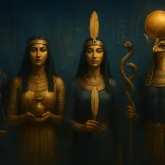 Figure divine: Anubi con bilancia, due dee egizie con vasi e piume, e Ra con serpente.