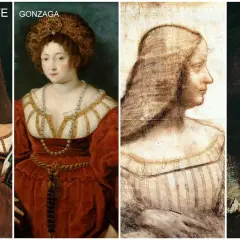 Quattro ritratti di Isabella Maria d'Este, una nobildonna rinascimentale, mostrano la sua eleganza in diverse pose e abiti.