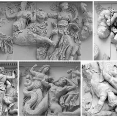 Dettagli del fregio dell'altare di Pergamo: divinità e giganti in lotta.