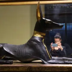 Statua di Anubi, dio egizio dalla testa di sciacallo, con dettagli dorati. Riflessa nello specchio, una persona scatta una foto.
