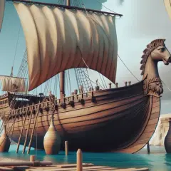 Antica nave fenicia con prua a forma di cavallo, simbolo dell'economia dei Fenici basata sul commercio marittimo.