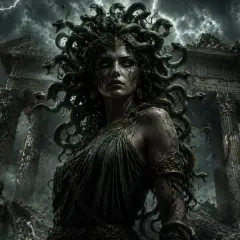 Medusa, figura della mitologia greca, con capelli di serpenti e sguardo che pietrifica, domina rovine antiche sotto un cielo tempestoso.