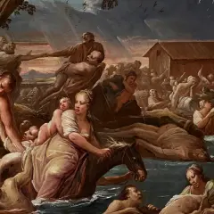 Scene drammatica di gente che lotta contro le acque in tempesta, un'arca in lontananza. Un'evocazione dei miti del diluvio.