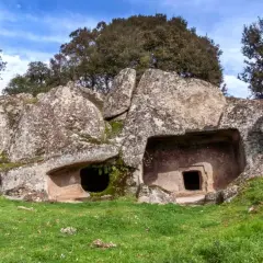 Antiche tombe scavate nella roccia, con un'ampia apertura che ricorda una sa pala larga.