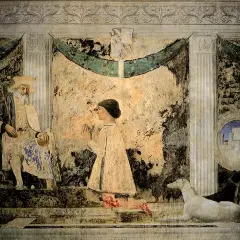Affresco del Tempio Malatestiano, opera di Leon Battista Alberti, con un anziano barbuto e un giovane in preghiera, accompagnati da cani.