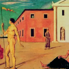Piazza metafisica con statue, figure maschili nude e un vecchio pensieroso. Un'atmosfera di melanconia de Chirico.
