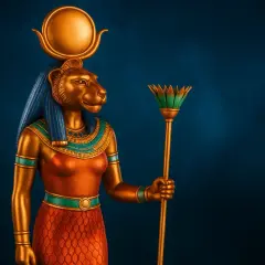 Statua dorata di Sekhmet, dio dell'amore egizio, con testa di leone, disco solare e scettro di loto.