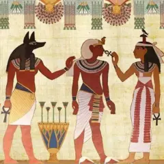 Anubi, un faraone egizio e una regina con simboli di vita e divinità.