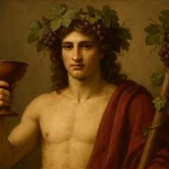 Dioniso, chi era? Il dio del vino, con corona d'uva e coppa in mano, avvolto in un drappo rosso.