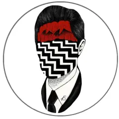 Volto stilizzato con montagne rosse e pattern a zig-zag, che evoca i **twin peaks simboli**.