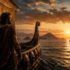 Un guerriero greco su una nave guarda il tramonto, forse pensando a quando è nato Ulisse e alle sue future avventure.