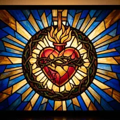 Vetrate colorate con il Sacro Cuore, simbolo di amore divino e rinascita, con un significato esoterico profondo.