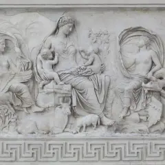 Rilievo dell'Ara Pacis di Augusto: una madre con bambini, figure mitologiche, animali e decorazioni.