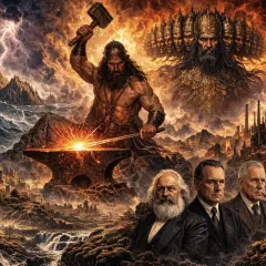 Un fabbro mitologico forgia il destino, mentre figure storiche osservano un'industria fumante. Il protome significato è la testa scolpita, simbolo di potere e origine.
