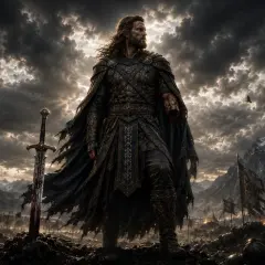 Tyr, dio della guerra, con la sua armatura scura e la spada insanguinata, domina un campo di battaglia desolato sotto un cielo tempestoso.