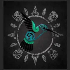 Colibrì stilizzato con decorazioni azteche, simbolo di rinascita e messaggero divino nella simbologia Maya.
