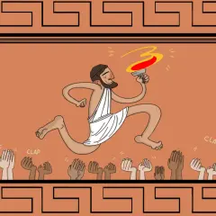 Il mito di Prometeo e il fuoco: un uomo corre con una torcia accesa, acclamato da mani che applaudono.