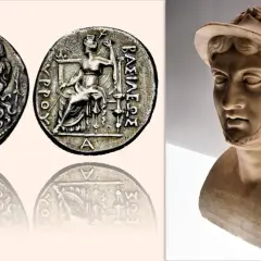 Busto in marmo di Alessandro d'Epiro con monete antiche raffiguranti il suo profilo e una figura seduta.