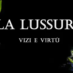 Mano che offre una mela rossa, simbolo del lussuria significato. Fiori di loto sullo sfondo.
