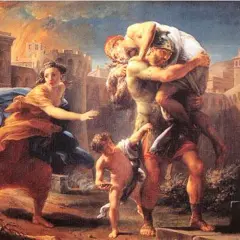 Enea, principe troiano che tradì la patria, fugge da Troia in fiamme portando il padre Anchise e il figlio Ascanio, mentre Creusa lo segue.