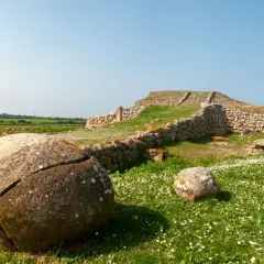 Antiche pietre e rovine di un ziqqurat in Sardegna, circondate da un prato fiorito e rocce tondeggianti.