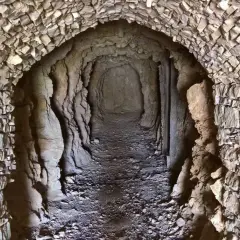 Un tunnel scavato nella roccia, con pareti in pietra grezza e un soffitto a volta. Un luogo che evoca il ricordo dei caduti della Prima Guerra Mondiale.