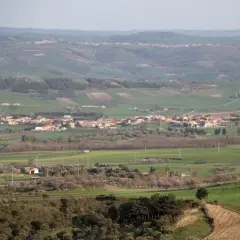 Paesaggio collinare con campi coltivati e case sparse, in lontananza si intravede il borgo di Pauli Arbarei, Sardegna.