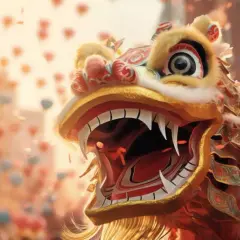 Un colorato drago cinese, simbolo di fortuna e potere, danza tra lanterne fluttuanti in una celebrazione vibrante.