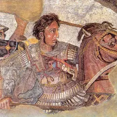 Mosaico raffigurante Alessandro Magno a cavallo, un'icona della Macedonia ai tempi di Alessandro Magno, in battaglia.