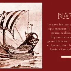 Illustrazione di una nave fenicia, simbolo dell'organizzazione sociale e commerciale dei Fenici, con vele a strisce e remi.