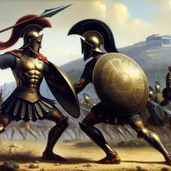 Ettore e Patroclo si affrontano in battaglia, circondati da guerrieri. Le armature dorate brillano sotto il cielo nuvoloso, mentre le lance e gli scudi si preparano allo scontro.