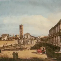 Veduta di San Paolo Converso a Milano, con la chiesa, il campanile e una carrozza d'epoca.