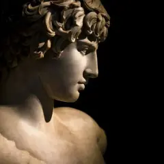 Busto in marmo di un giovane uomo con capelli ricci, forse Telemaco, il figlio di Ulisse, che guarda pensieroso.