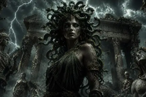 Medusa, figura della mitologia greca, con capelli di serpenti e sguardo che pietrifica, domina rovine antiche sotto un cielo tempestoso.