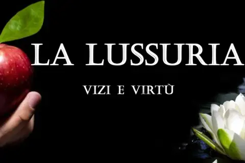 Mano che offre una mela rossa, simbolo del lussuria significato. Fiori di loto sullo sfondo.