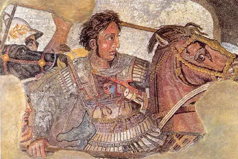 Mosaico raffigurante Alessandro Magno a cavallo, un'icona della Macedonia ai tempi di Alessandro Magno, in battaglia.