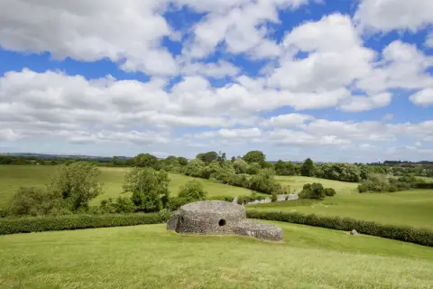 Antica struttura in pietra, forse un sito archeologico di Bru na Boinne, immersa in un paesaggio verdeggiante sotto un cielo azzurro con nuvole bianche.
