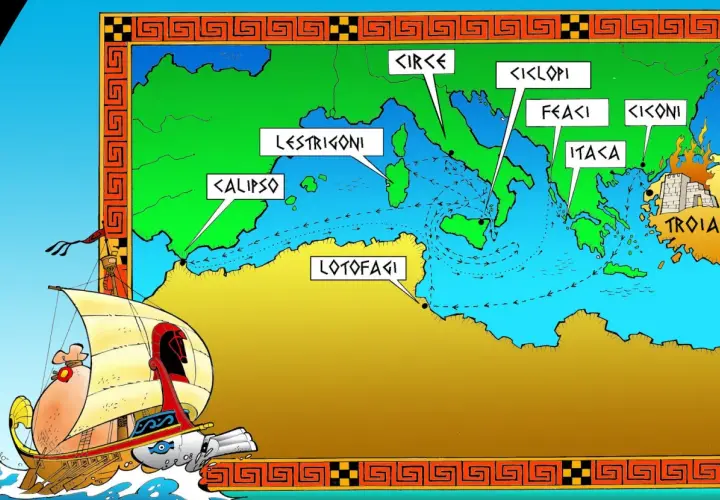 Mappa dei viaggi di Ulisse: da Troia, passando per l'isola dei Feaci, fino a Itaca, con tappe da Circe, Ciclopi e Lestrigoni.