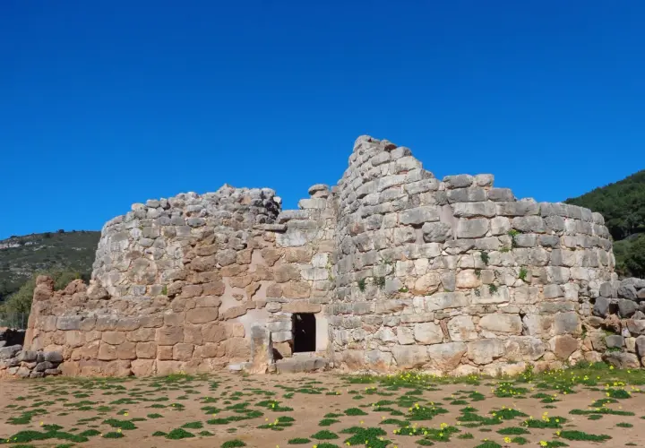 Il nuraghe Palmavera, imponente struttura in pietra sotto un cielo azzurro, testimone di antiche civiltà.