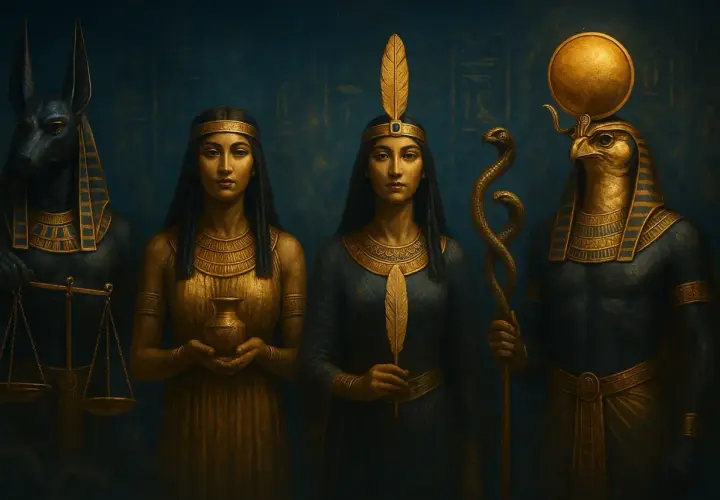 Figure divine: Anubi con bilancia, due dee egizie con vasi e piume, e Ra con serpente.