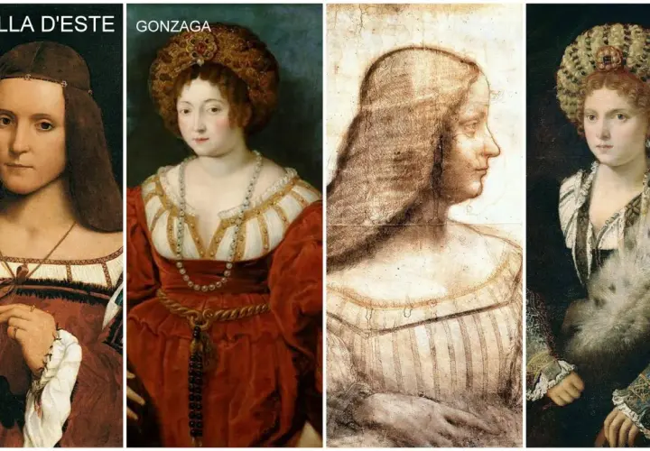 Quattro ritratti di Isabella Maria d'Este, una nobildonna rinascimentale, mostrano la sua eleganza in diverse pose e abiti.