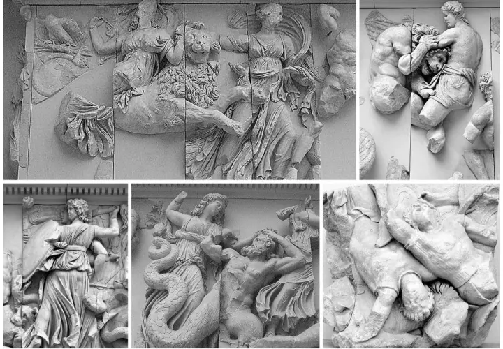 Dettagli del fregio dell'altare di Pergamo: divinità e giganti in lotta.