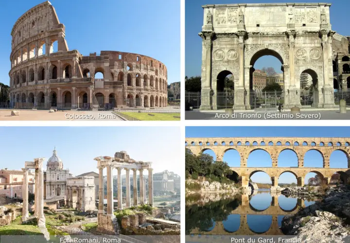 Colosseo, Arco di Trionfo e Fori Romani a Roma, con il Pont du Gard in Francia. Maestosi archi romani che sfidano il tempo.