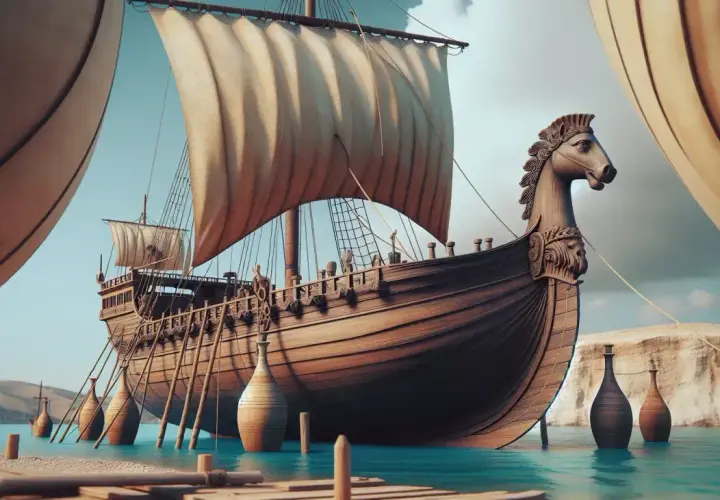 Antica nave fenicia con prua a forma di cavallo, simbolo dell'economia dei Fenici basata sul commercio marittimo.